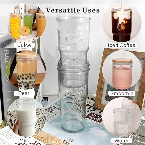 ANOTION Glass Cups With Lids And Straws, Leakproof Tumbler 24oz Mason