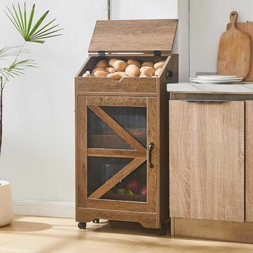 Potato Storage Bin with Wheels, Wood Potato and Onion Storage Cabinet