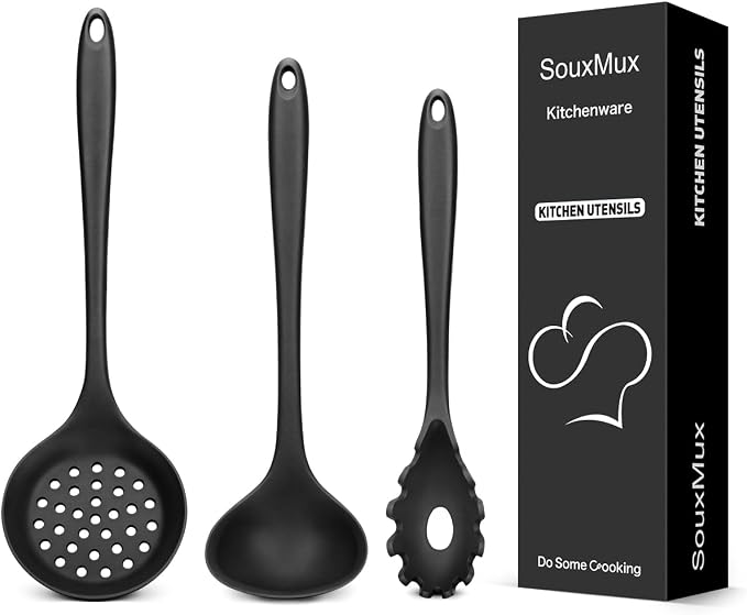 3 Pcs Silicone Kitchen Utensils Set, Soup Ladle-Pasta Fork-Slottede Spoon by SOUXMUX
