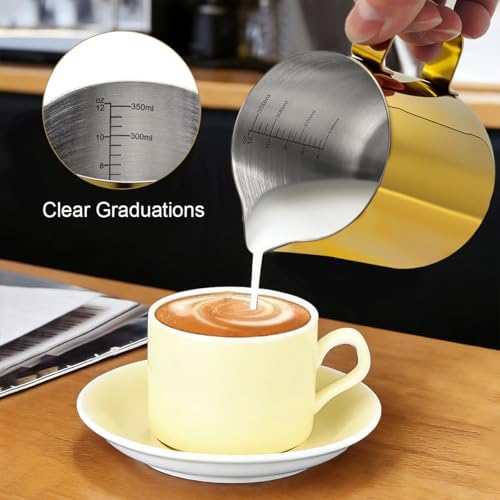 Gold Professional Milk Frothing Pitcher Set, 12oz (350ml) Stainless