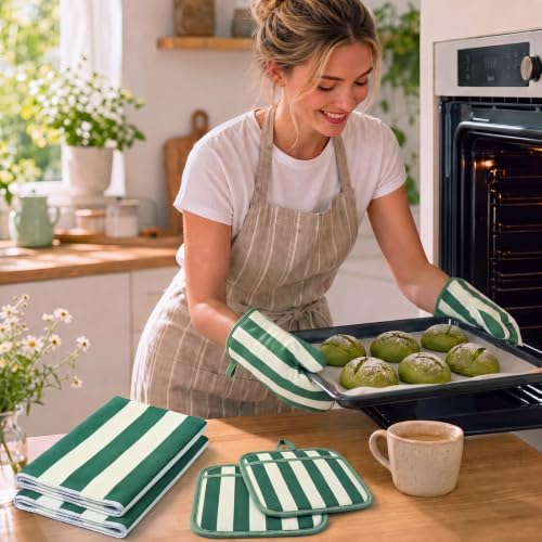 6 Pcs Matcha Green Striped Oven Mitt Pot Holder Towel Set