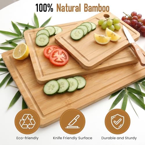 VIVIGU Bamboo Cutting Boards for Kitchen, 3-Piece Wood Cutting Board