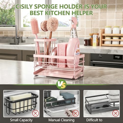 Cisily Pink Sink Caddy Sponge Holder for Kitchen with Brush Holder and