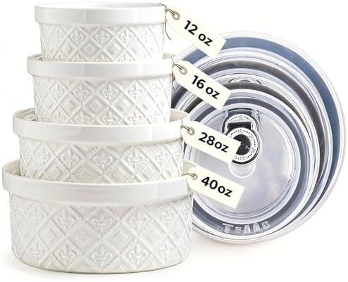 Large Mixing Bowls with Airtight Lids, Classic White Porcelain Embossed Nesting Salad Bowls for Baking and Cooking, 12/16/28/40oz Serving Bowls Set of 4, Oven and Dishwasher Safe, Thanksgiving Gift