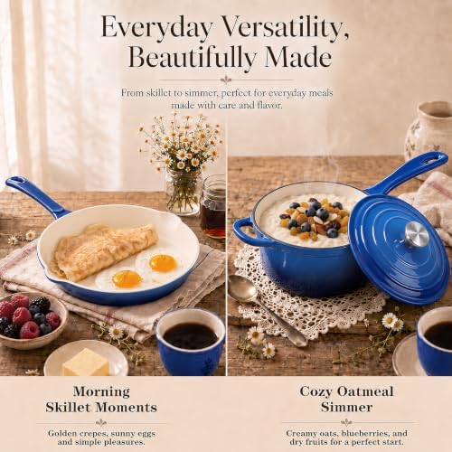 5-Piece Enameled Cast Iron Cookware Set, Dutch Oven, Saucepan & 3 Skillets