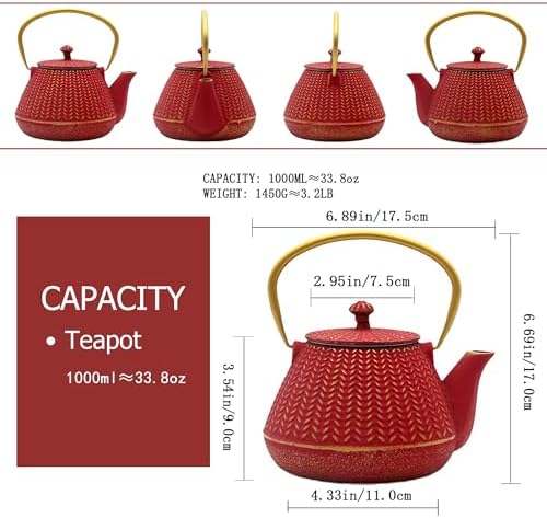 Red Cast Iron Tea Kettle, 1000ml with Infuser