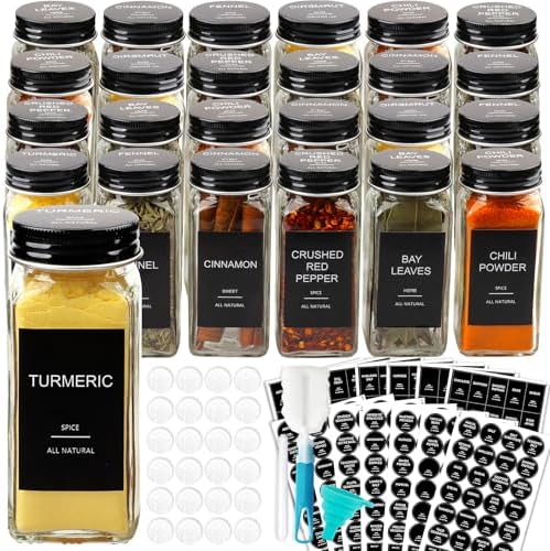 AISIPRIN 24 Pcs Glass Spice Jars with 398 Labels, 4oz Empty Square