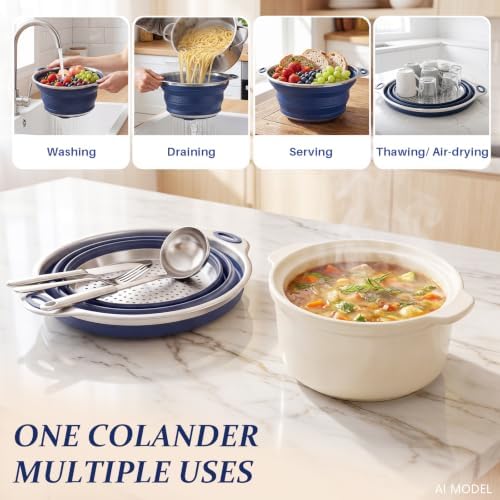 Collapsible Colander Set with Silicone Mat,2-in-1 Stainless Steel