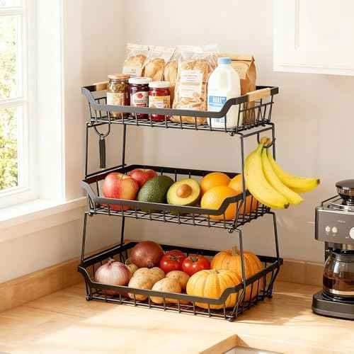 3 Tier Fruit Basket with 2 Banana Hangers for Kitchen Counter