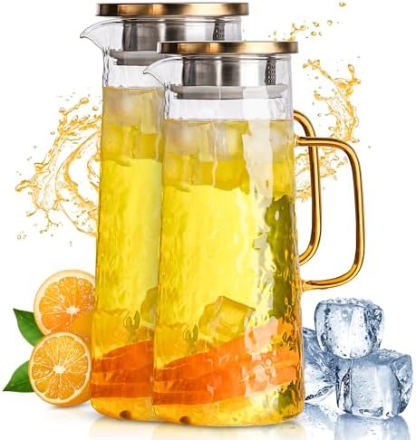 Glass Water Pitcher 2 Pack with Lid & Filter, 50 oz 1.5L Borosilicate