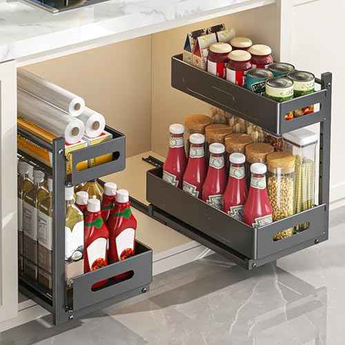 HABITLLO Under Sink Organizer, 2 Tier Bathroom Cabinet Organizer with Adjustable Height, Sliding Cabinet Basket Organizer Drawer for Kitchen, Bathroom, Laundry, Pantry