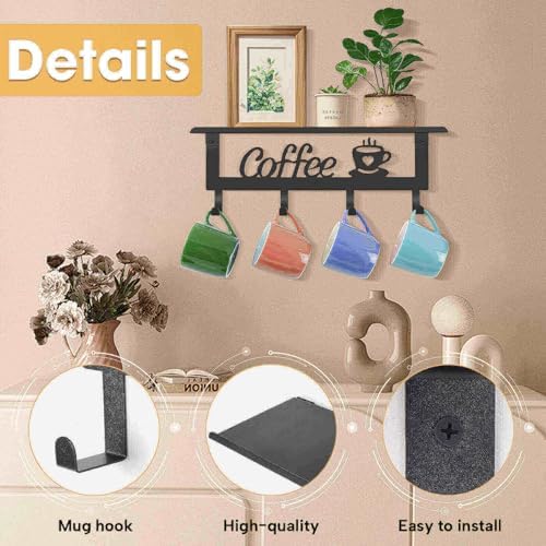 Wall Mounted Coffee Mug Holder, Black Metal with 4 Hooks, Mug Rack