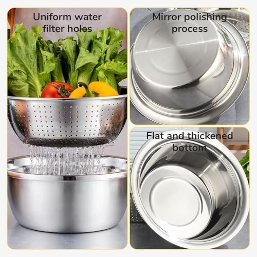 Germany Multifunctional Stainless Steel Basin, 2026 Upgraded 3 in 1 Stainless Steel Basin Strainer Set with Grater, Strainer Drain Basket for Rinsing Draining Mixing (M (11.02in))