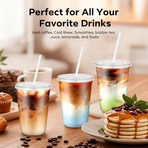 100 Pack 14 oz Plastic Cups with Lids, Clear Small Coffee Cups with