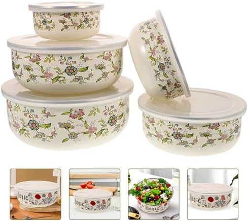 PRETYZOOM 5Pcs Enamel Bowls with Lids Nesting Salad and Food Bowls for