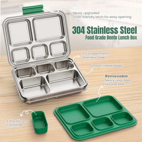 Stainless Steel Bento Lunch Box, 5 Compartments (Green)