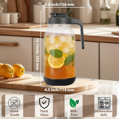 64 oz Glass Mason Jar Pitcher with Lid, Handle & Non-Slip Silicone