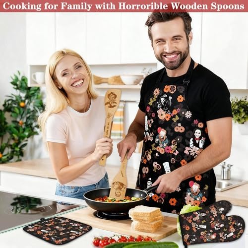 Horror Merch,9Pcs Bamboo Cooking Utensils Set,Spoons with Apron Oven