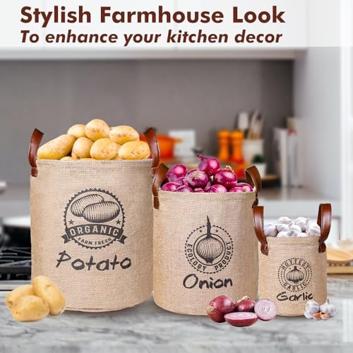 Kamehame Potato and Onion Storage Baskets Pack of 3, Lined Burlap