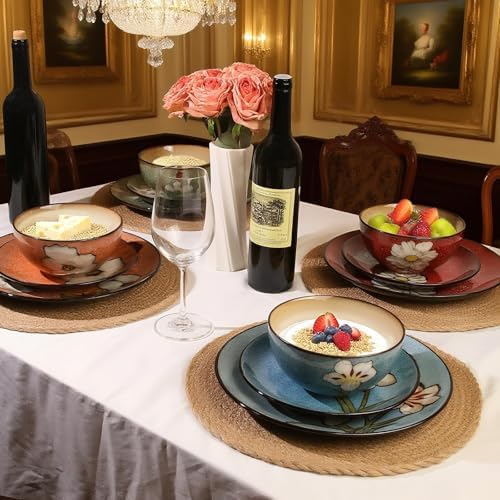 Plates and Bowls Sets,12 Pieces Kiln Changed Glaze Ceramic Dinnerware