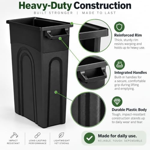 23 Gallon Narrow Tall Plastic Garbage Container, Black