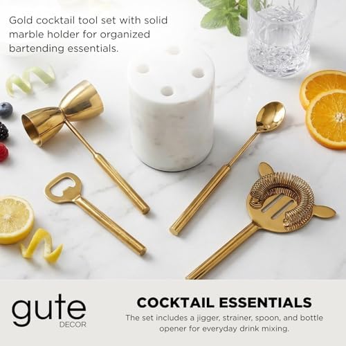 5-Piece Gold & Marble Bartender Kit with Stand, Stainless Steel Bar