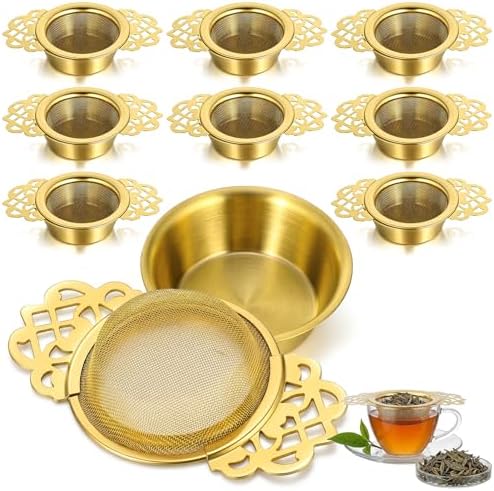 Kenaoeoe 8 Pack Gold Tea Strainers for Loose Tea with Drip Bowls 304