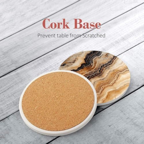 Dark Brown Drink Coasters Set of 6, Beige Black Mixed Marble Round