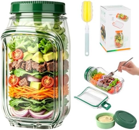 Salad Jar with Side Opening,33.8oz Portable Mason Jars with Dressing