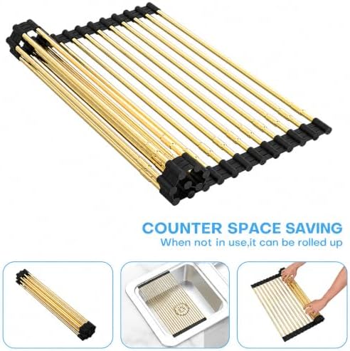 Large Expandable Roll-Up Dish Drying Rack, Gold