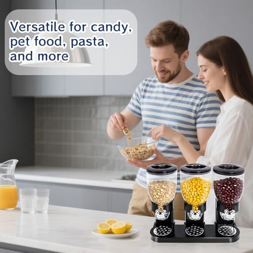 1 Pcs Triple Indispensable Dry Food Dispenser with Cup Black Cereal Storage Container 67oz Each Capacity for Kitchen Rice Nuts Cereal Snack Gumball Candy Dog Food