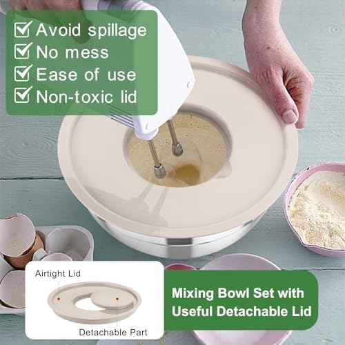 TeamFar Mixing Bowls with Lids, 5PCS Stainless Steel Metal Salad Bowl