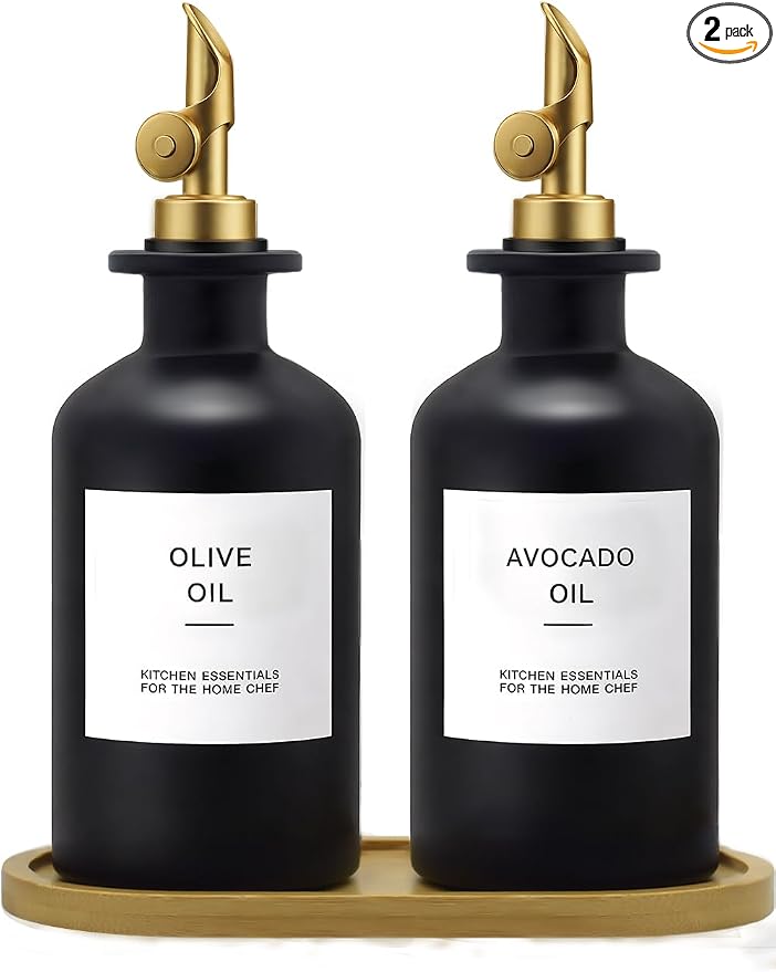 Olive Oil Dispenser Set, 2 x 11.8oz Black Glass Bottles by Gelury