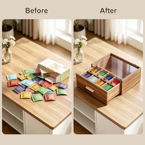 Alsonerbay Acacia Wood Tea Bag Organizer, Tea Box with Drawer, Natural