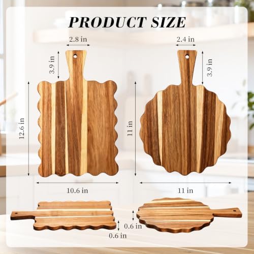2Pcs Acacia Wood Scalloped Cutting Board with Handle for Kitchen Decor