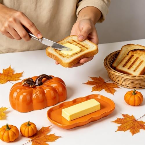 Butter Dish with Lid, Ceramic Halloween Pumpkin Butter Container