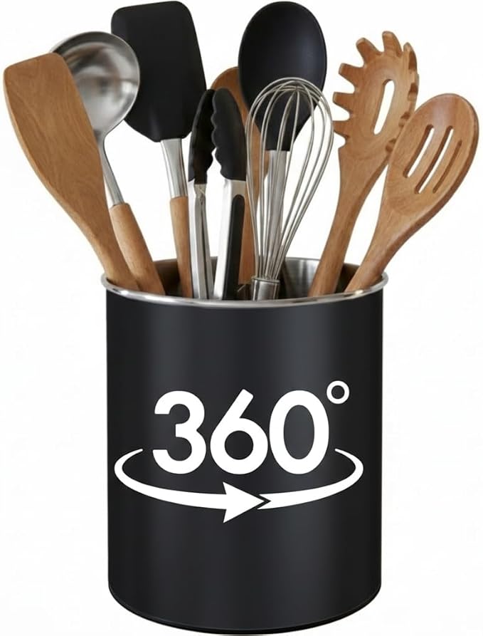 Cooler Kitchen Black Rotating Extra Large Stainless Steel Utensil Holder Caddy by CoolerKitchen
