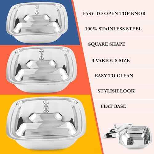 CRAFTONE Stainless Steel Square Mixing Bowls Set of 3 with Lid, Ideal for Baking & Serving Salad, Rice, Desert, Food Storage Bowl Set (20 Oz, 30 Oz and 35 Oz)