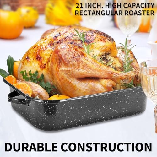 QPMR Roasting Pan with Rack, 21” Rectangular Granite Roaster Pan, 25lb