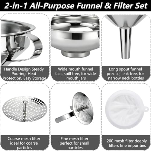 Stainless Steel Canning Funnel Set 2 Pack for Kitchen Use (Large Set)