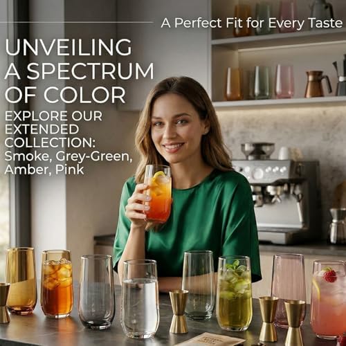 Grey Drinking Glasses Set of 6 | Translucent Black Glassware | 16 oz