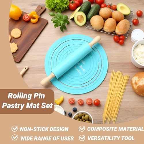 Rolling Pin Pastry Mat Set,Rolling Pin Dough Roller Non Stick Silicone