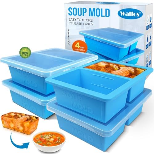 Walfos 1-Cup Silicone Freezer Molds with Lid, 4 Packs Soup Freezer Ice