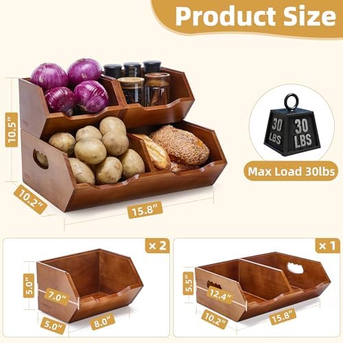 HYPIGO Wood Potato & Onion Storage Bin,2-tier Stackable Pantry