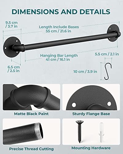 OROPY 21'' Pot Rack Wall Mounted, Iron Pipe Hanging Rack, 10 S Hooks, 2Pack