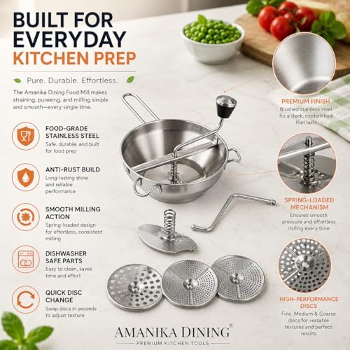 Food Mill Stainless Steel, 2 Qt Manual Food Mill with 3 Discs
