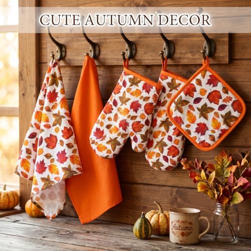 10 Pcs Fall Kitchen Decor Set Maple Leaf Towels Mats Pot Holders Oven