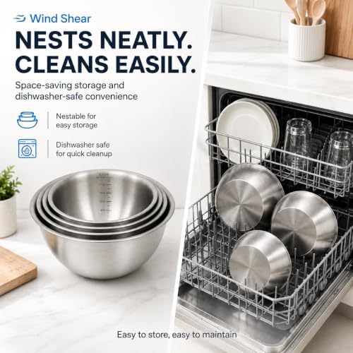 Wind Shear 4-Piece 304 Stainless Steel Mixing Bowls with Measurements