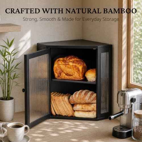 BRONYPRO Corner Bread Box for Kitchen Countertop, Extra Large 2-Tier Bamboo Bread Box with Adjustable Shelfr(Extra Large Black)