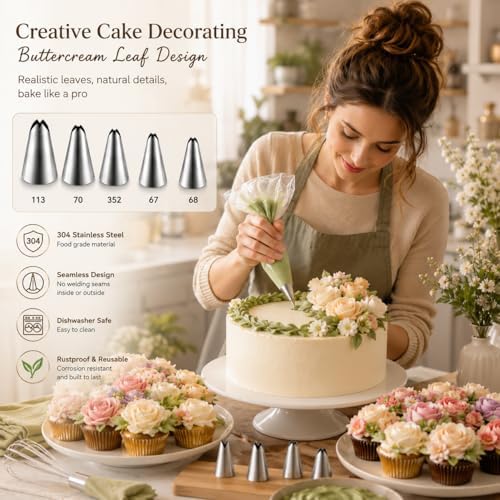 5 Pcs Leaf Piping Tips Set, Stainless Steel Cake Decorating Tips for
